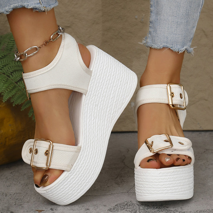 Ladies' espadrille platform sandals with textile straps, large metal buckles, and padded comfort footbed Mune Fashion
