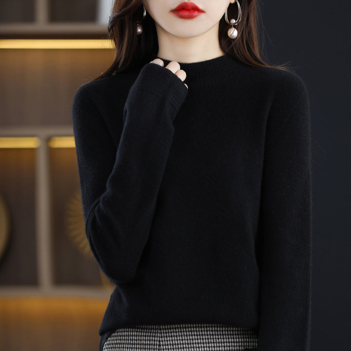 Women Light Fine Knit Mock Neck Sweater with Structured Collar Trim Mune Fashion