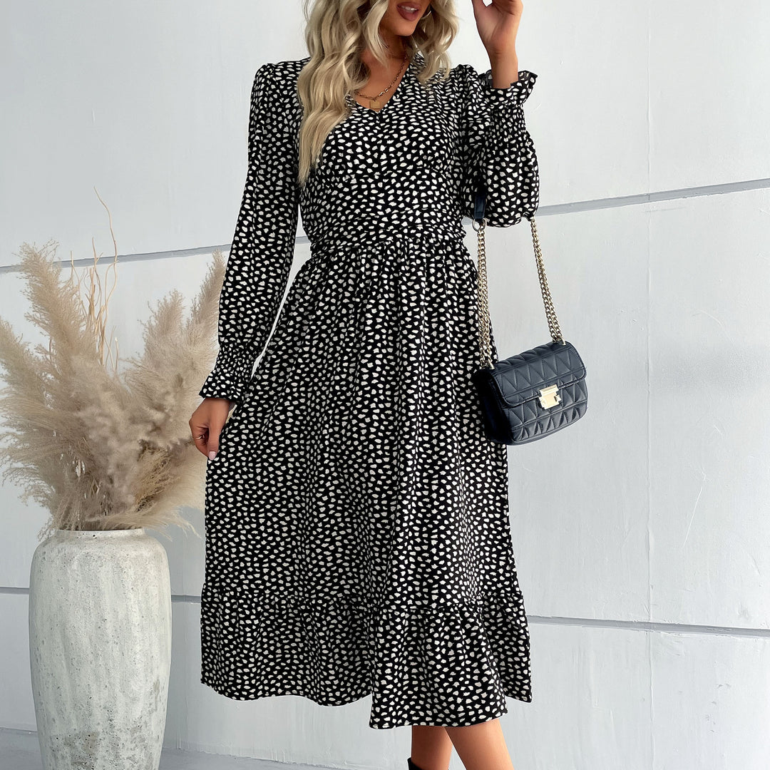 Women's midi dress with V-neck, gathered waist and long puff sleeves Mune Fashion