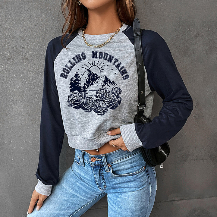 Women's Cropped Raglan Sweatshirt with Mountain Motif, Gathered Hem and Contrast Sleeves Mune Fashion