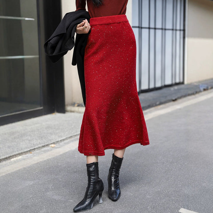 Women's figure-hugging knitted midi skirt with glitter fiber and trumpet hem, Mune Fashion