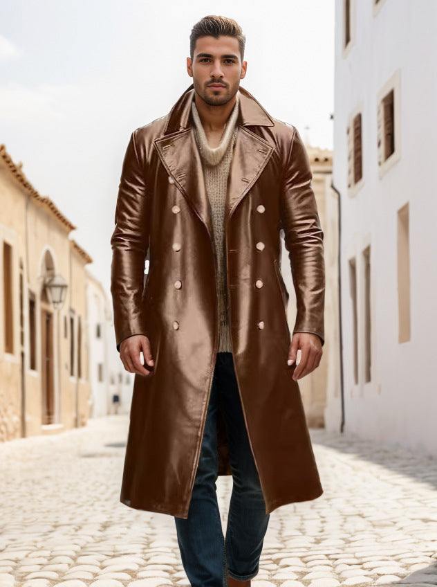 Men's Long Shiny Faux Leather Trench Coat with Double Breasted and Distinctive Lapel Mune Fashion