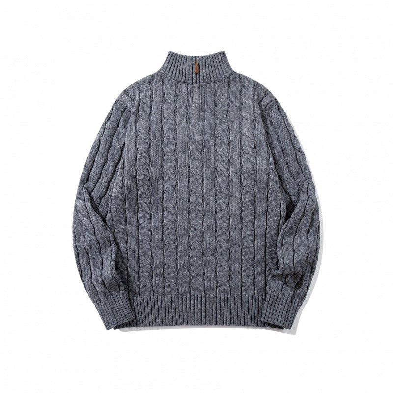 Unisex Coarse Knitted Half-Zip Cable Pattern Sweater with Stand-Up Collar and Ribbed Edges Mune Fashion