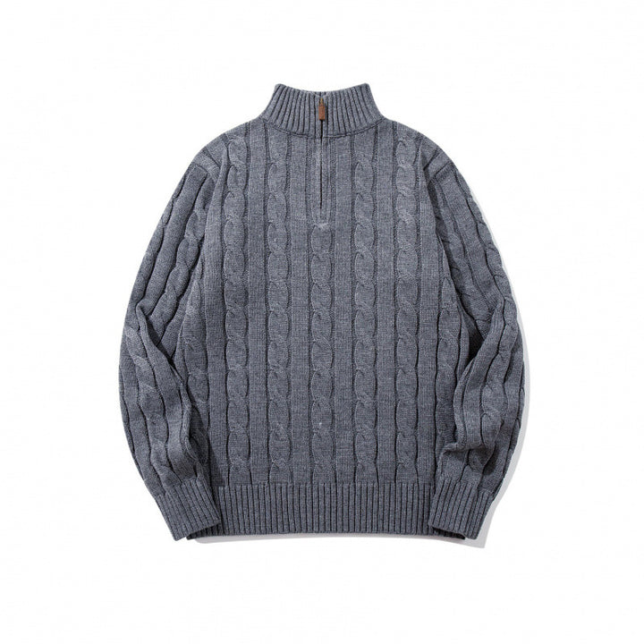 Unisex Coarse Knitted Half-Zip Cable Pattern Sweater with Stand-Up Collar and Ribbed Edges Mune Fashion