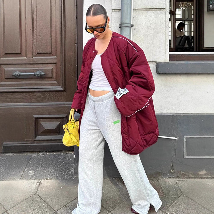 Women's Oversized Quilted Jacket with Diamond Stitching, Contrasting Piping and Snap Button Closure Mune Fashion