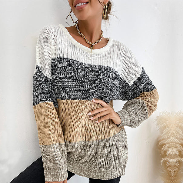 Women Oversize Color Block Knit Sweater with Round Neck and Ribbed Cuffs Mune Fashion
