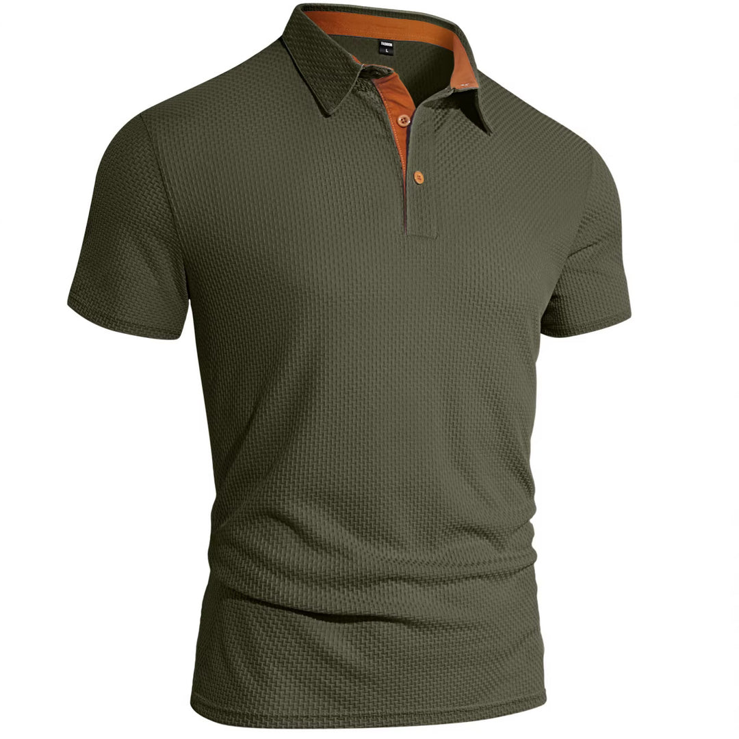 Men's finely textured polo shirt with shirt collar, contrast inner placket, and side slits Mune Fashion