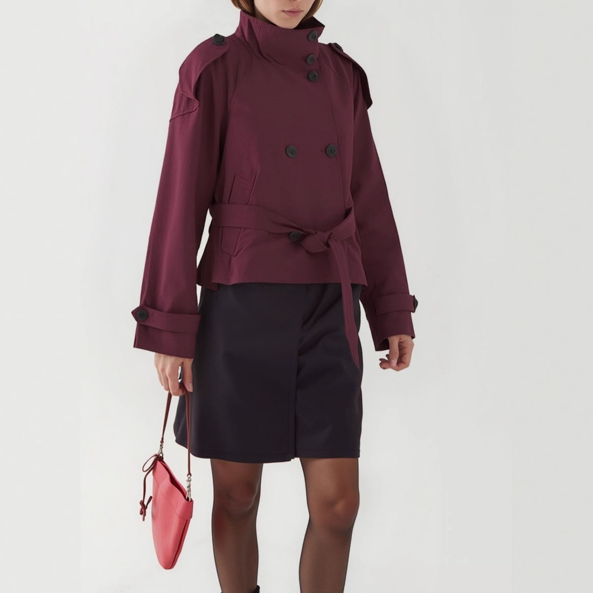 Women's Short Cut Trench Cape with Removable Sleeves, Stand-Up Collar and Double-Breasted Mune Fashion
