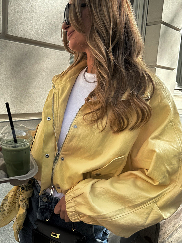 Women's Short Satin Look Bomber Jacket with Zipper, Snap Buttons & Elastic Cuffs Mune Fashion