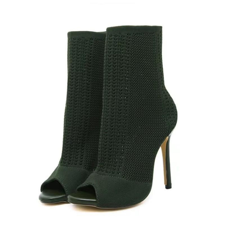 Ladies knitted peeptoe ankle boots with elastic shaft, padded insole, and narrow stiletto heel Mune Fashion