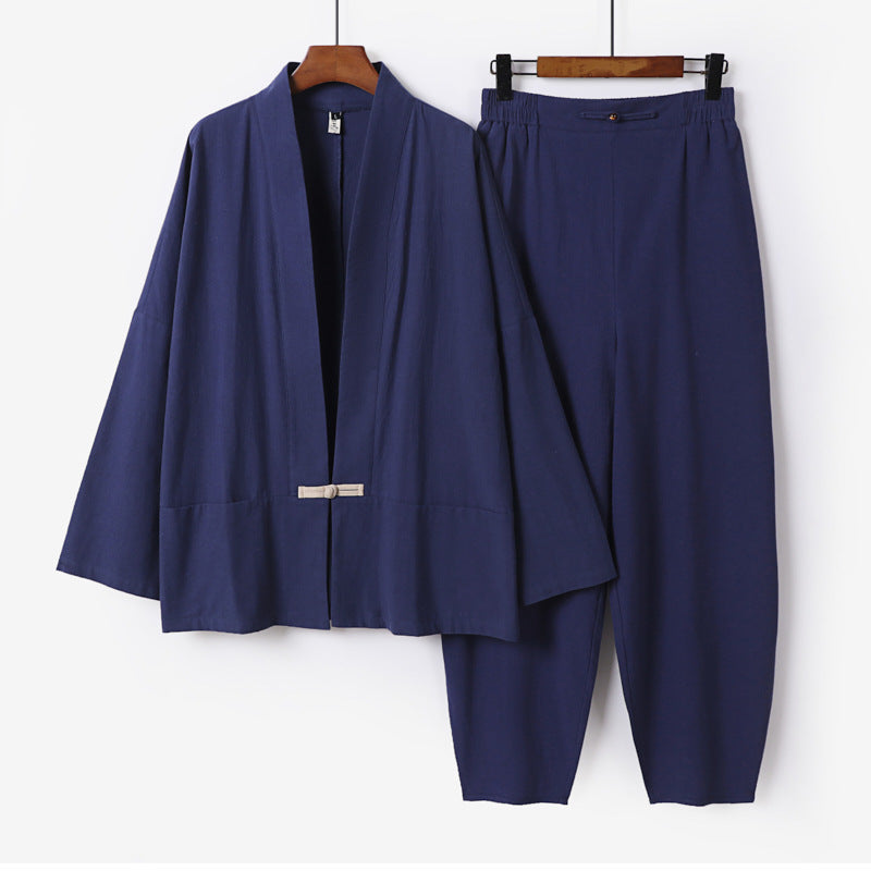 Men's Zen Relax Set with open kimono jacket, decorative toggle closure and tapered harem jogger pants Mune Fashion