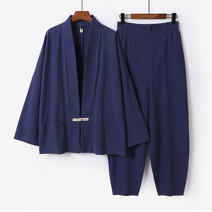 Men's Zen Relax Set with open kimono jacket, decorative toggle closure and tapered harem jogger pants Mune Fashion