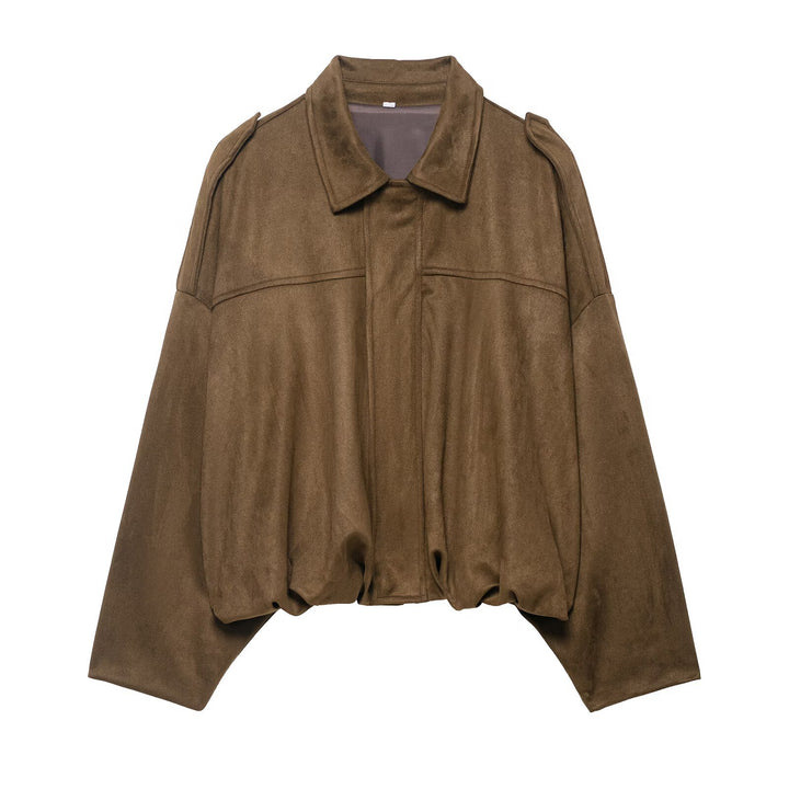 Ladies Oversized Suede Jacket with Shoulder Flaps, Concealed Button Placket and Elastic Hem Mune Fashion