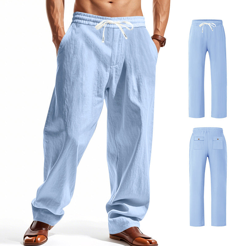 Men's wide comfort trousers in linen blend with elastic drawstring, straight leg, and patch back pockets Mune Fashion