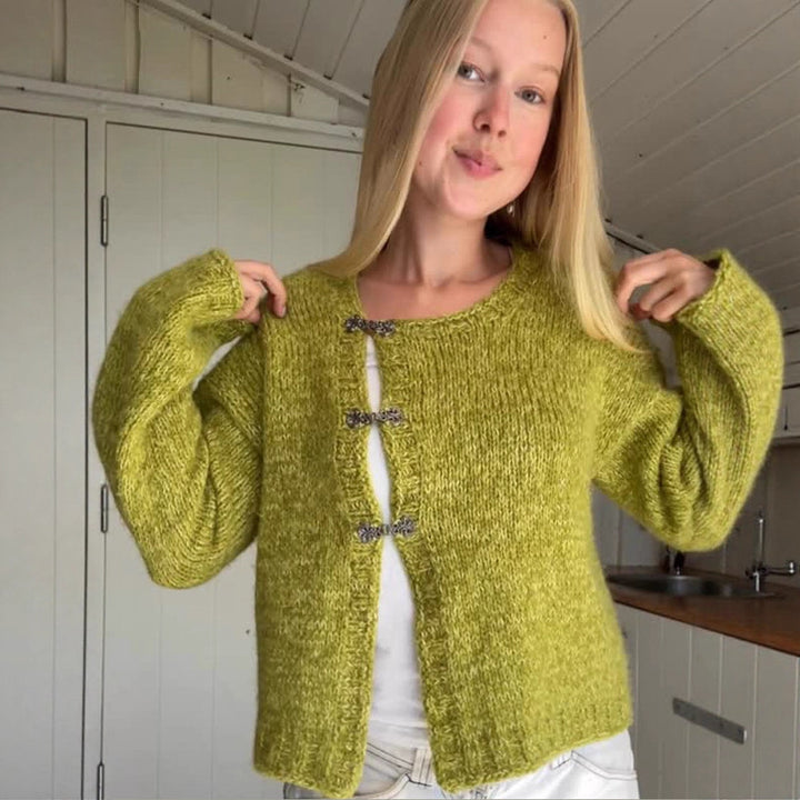 Women's Short Oversized Knit Cardigan with Decorative Hook Closures & Round Neckline Mune Fashion