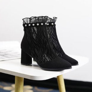 Women Elegant Net Ankle Boots with Ruffle Details Mune Fashion