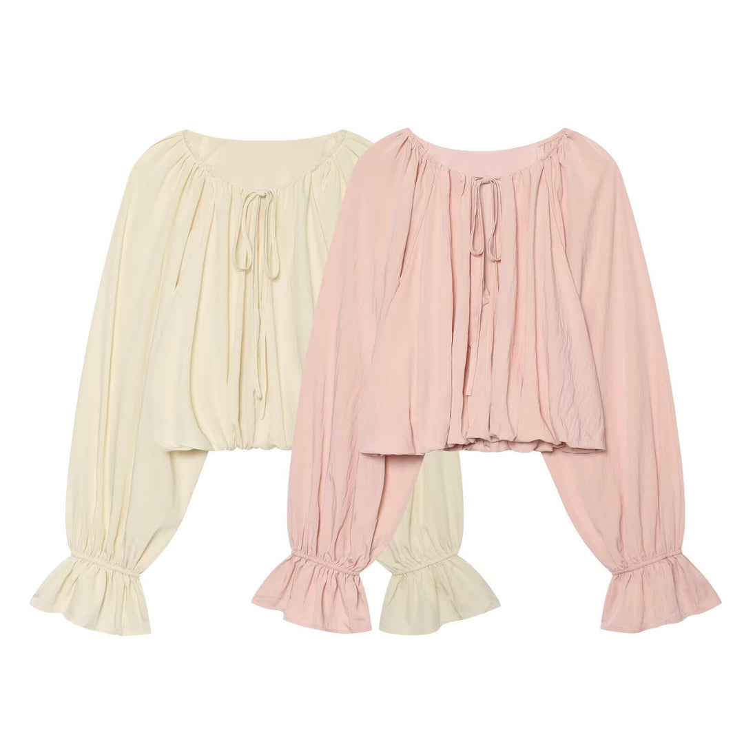 Women's Carmen Cropped Blouse with Drawstring Collar, Ruffled Hem and Balloon Sleeves Mune Fashion
