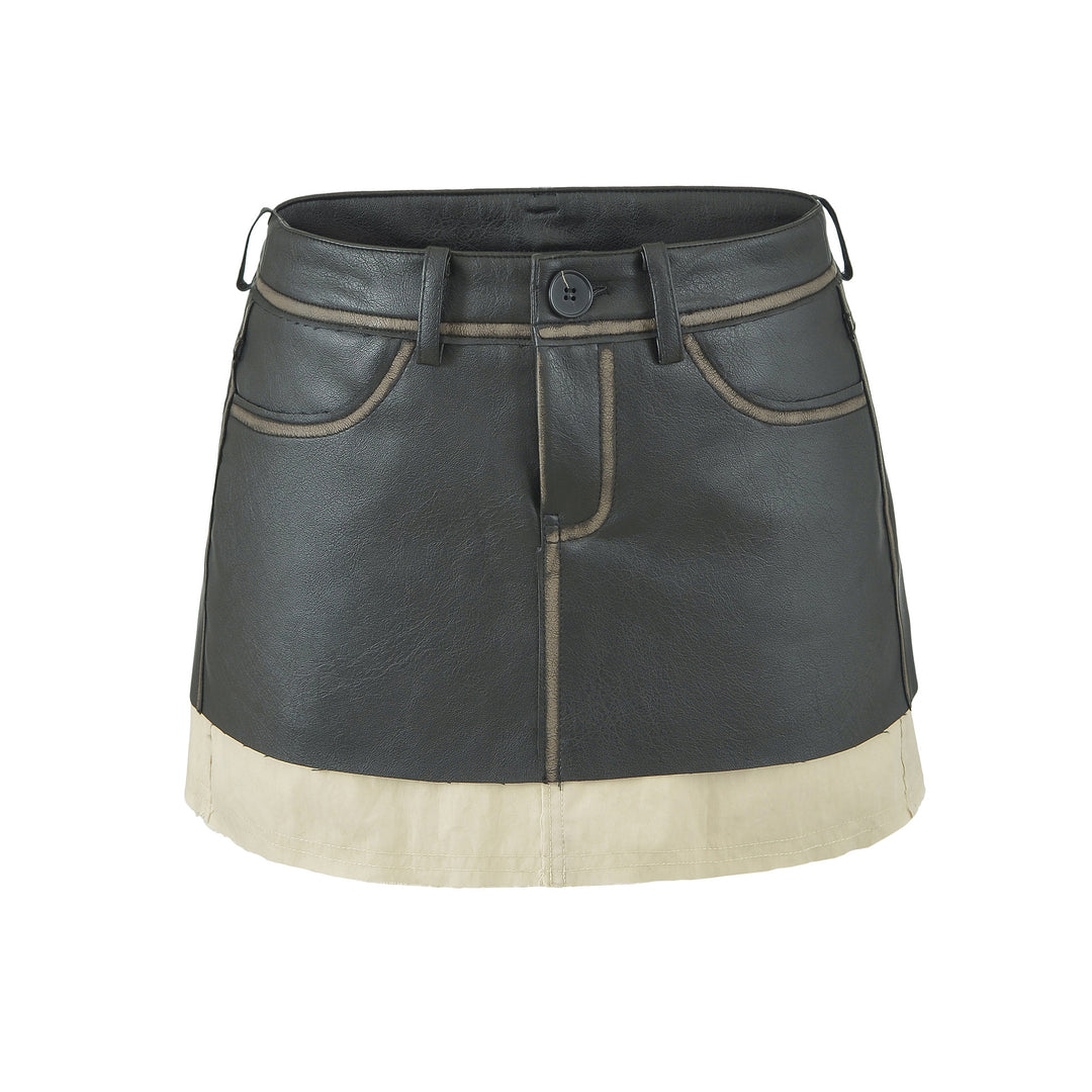 Ladies High-Waisted Faux Leather Mini Skirt with Decorative Seams and Belt Loops Mune Fashion