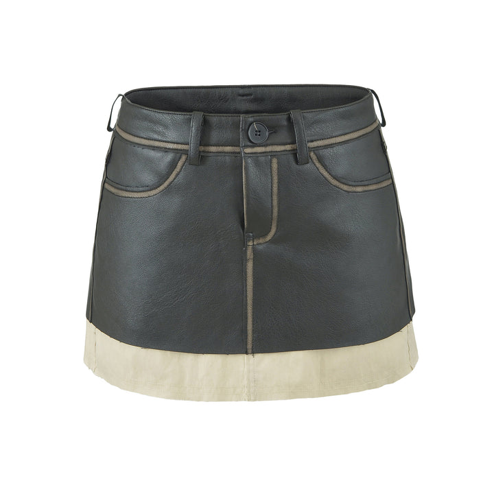 Ladies High-Waisted Faux Leather Mini Skirt with Decorative Seams and Belt Loops Mune Fashion