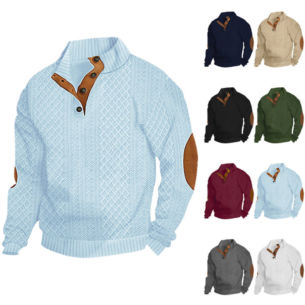 Men's cable knit turtleneck with stand-up collar, half button placket, and contrasting leather applications Mune Fashion