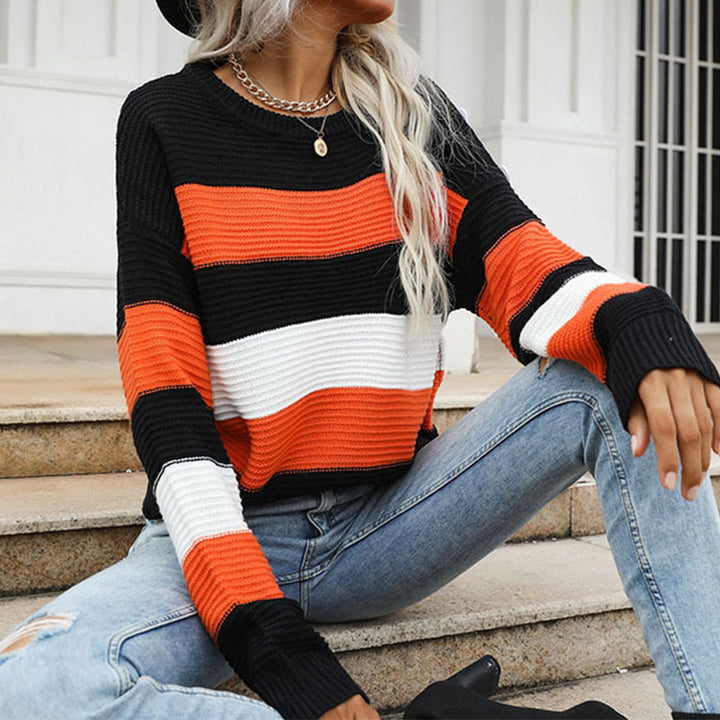 Women's Wide Striped Knit Sweater in Fisherman Look with Ribbed Texture and Dropped Shoulder Mune Fashion