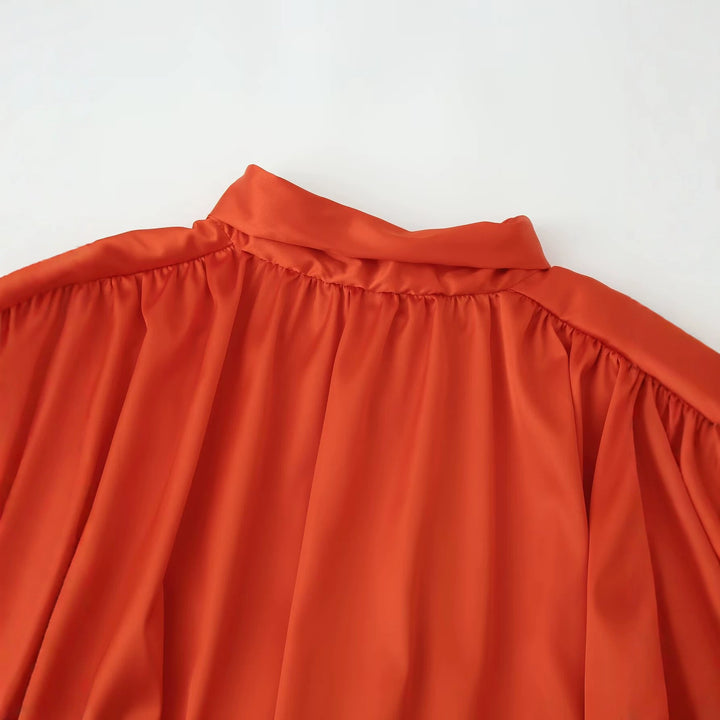 Women Silk-like Bow Blouse with Gathered Shoulder Yoke and Balloon Sleeves Mune Fashion