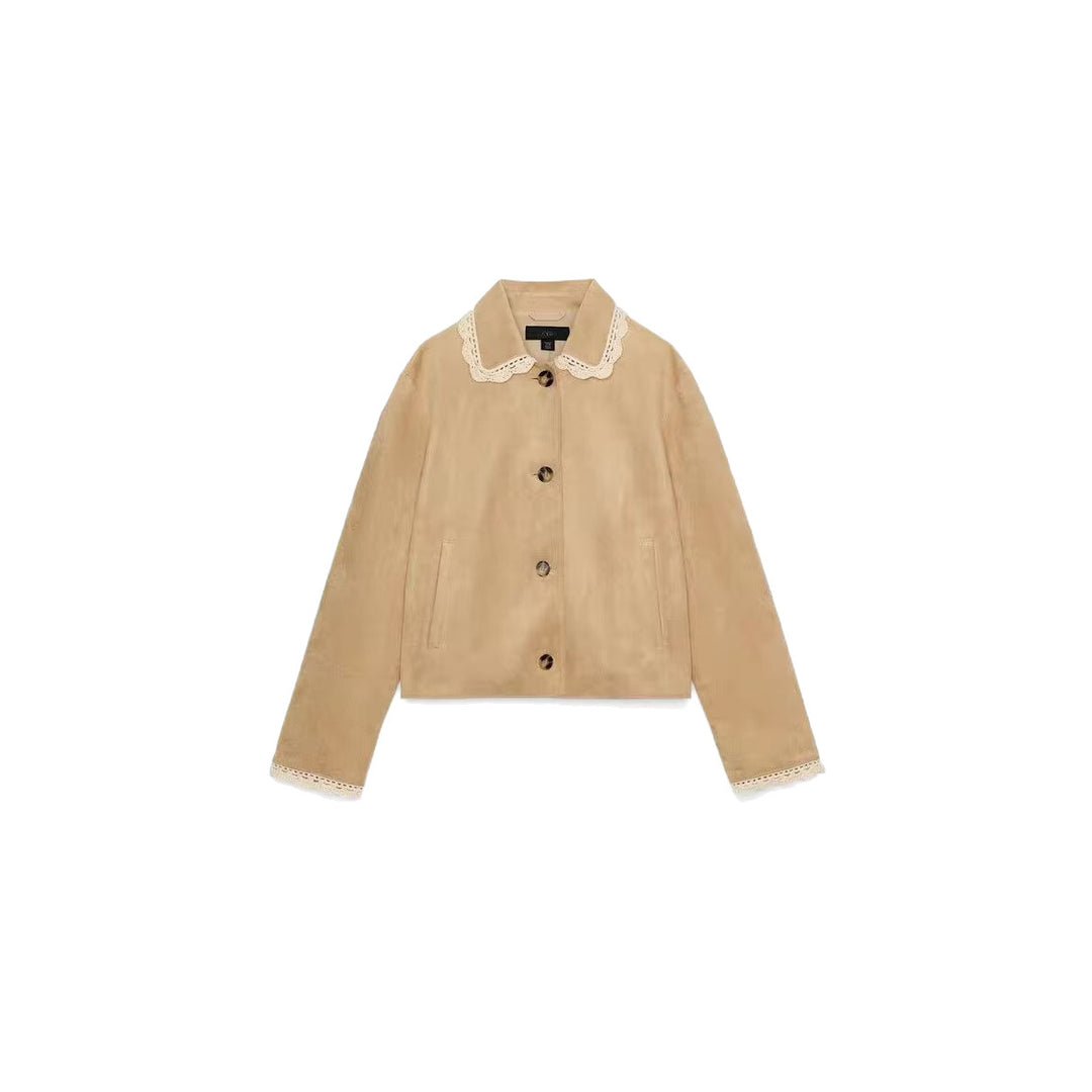 Women's Short Jacket with Crochet Lace Collar and Lace Cuffs Mune Fashion