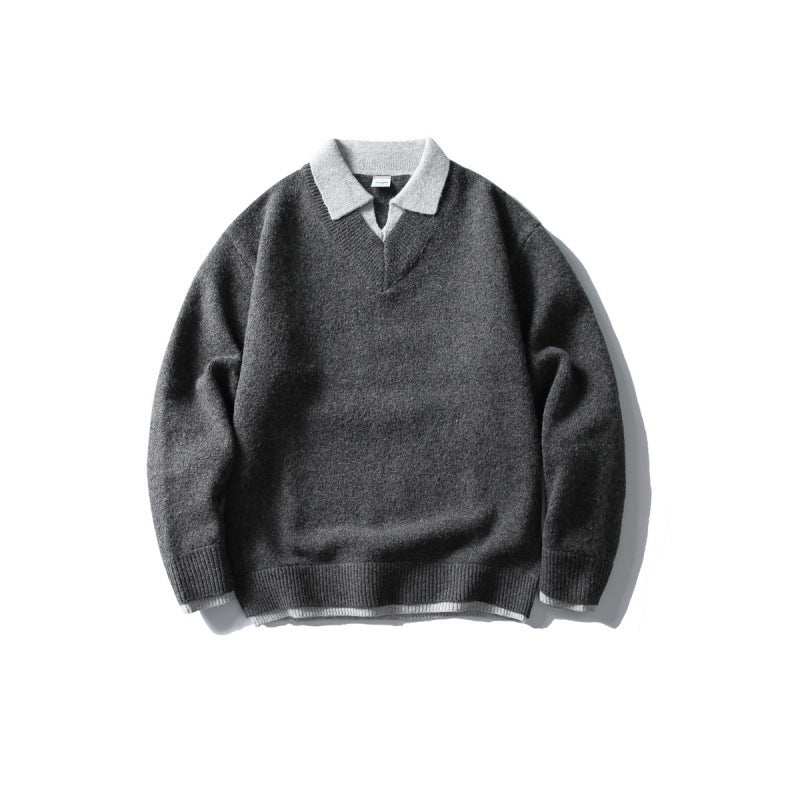 Unisex Oversize Knit Sweater with Contrast Polo Collar and V-Neck Mune Fashion