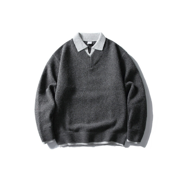 Unisex Oversize Knit Sweater with Contrast Polo Collar and V-Neck Mune Fashion