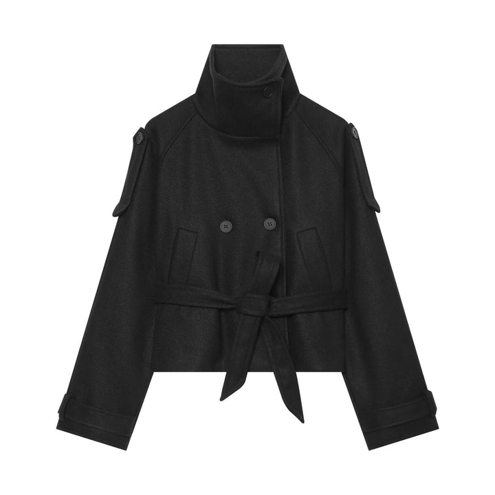 Women Short Wool Blend Cape Jacket with Waist Belt and Funnel Collar Mune Fashion