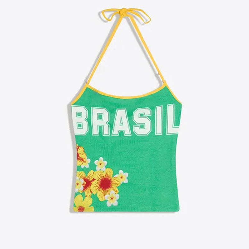 Ladies nan halter top with deep V-neck and sporty retro print Mune Fashion