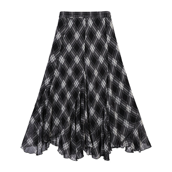 Women's flowing checked circle skirt with asymmetrical hem, Mune Fashion