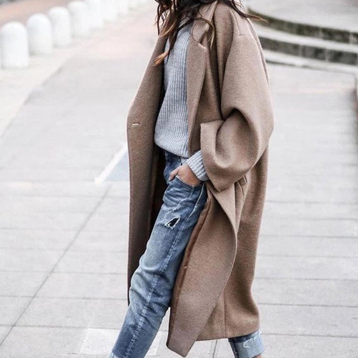 Women's longer oversized wool blend kimono coat with open front and deep side pockets Mune Fashion