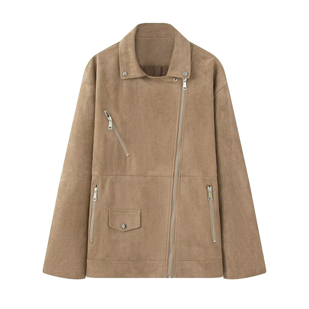Women's long oversized biker jacket in velour look with diagonal zipper and multiple pockets Mune Fashion
