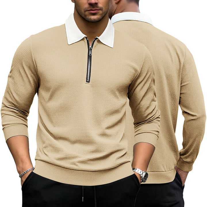 Men's Elegant Waffle Structure Polo Shirt with Half Zip and Contrast Collar Mune Fashion
