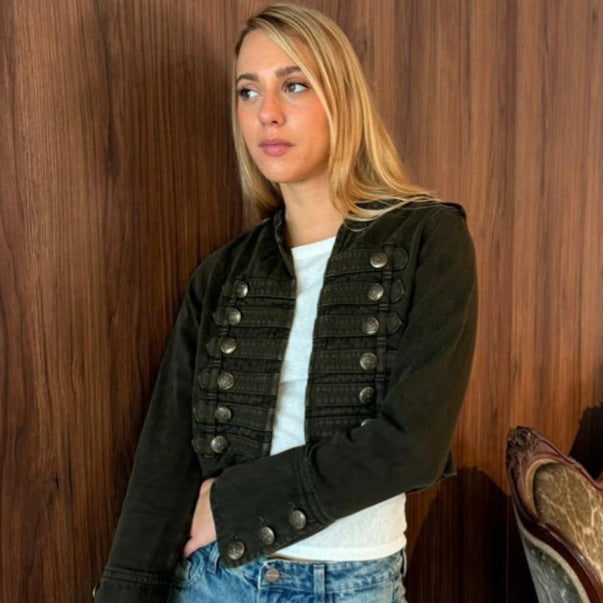Ladies military-inspired tailored short jacket with decorative pleats and metal buttons Mune Fashion