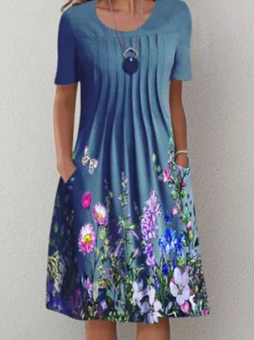 Women Pleated Midi Dress with Short Sleeves, Side Pockets and Floral Hem Mune Fashion