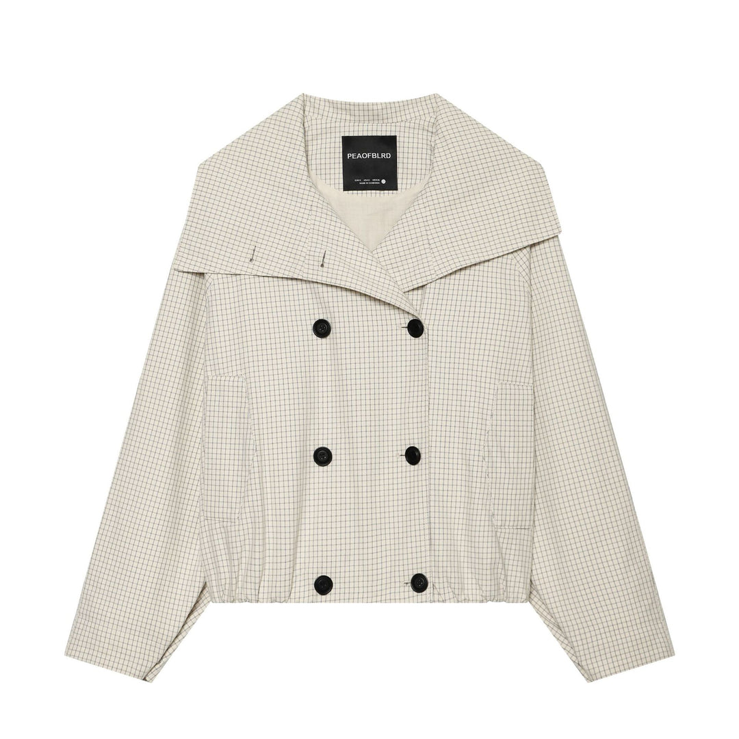 Women's short cut double-breasted trench coat with oversized shawl collar and elastic hem Mune Fashion