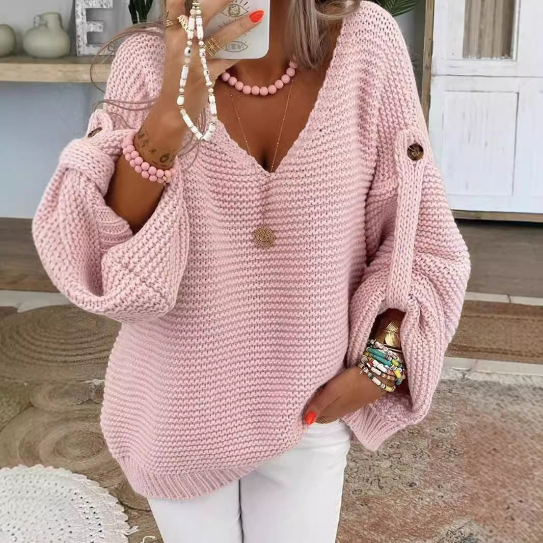 Women loose knit sweater with V-neck, balloon sleeves and button detail Mune Fashion