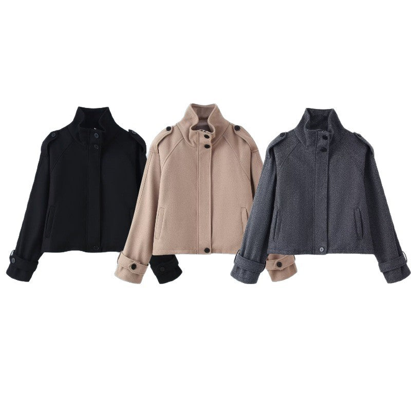 Women Short Wool Blend Jacket with Stand-Up Collar, Shoulder Flaps and Adjustable Cuffs Mune Fashion
