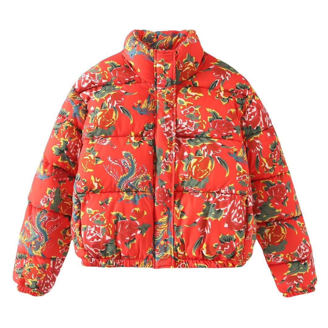 Women's Quilted Padded Short Jacket with Floral Allover Print and Stand-Up Collar Mune Fashion