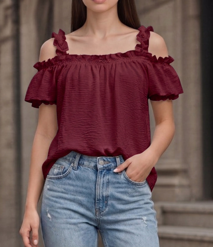 Women's Off-Shoulder Crinkle Top with Smocked Bandeau, Ruffled Straps and Wing Sleeves Mune Fashion