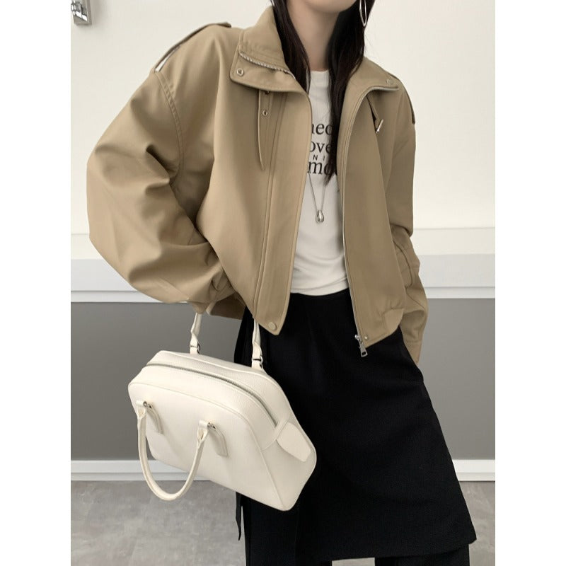 Women's Short Bomber Jacket in Trench Style with High Stand Collar and Shoulder Patches Mune Fashion
