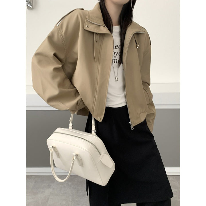 Women's Short Bomber Jacket in Trench Style with High Stand Collar and Shoulder Patches Mune Fashion