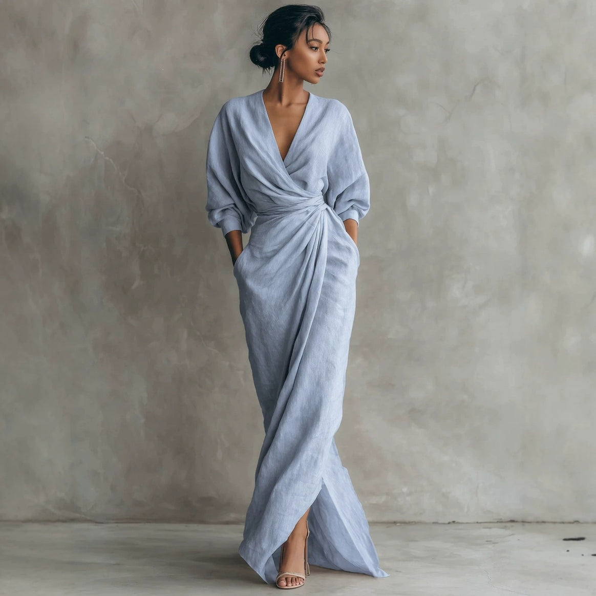 Women's wrap maxi dress made of linen blend with deep V-neck and balloon sleeves Mune Fashion