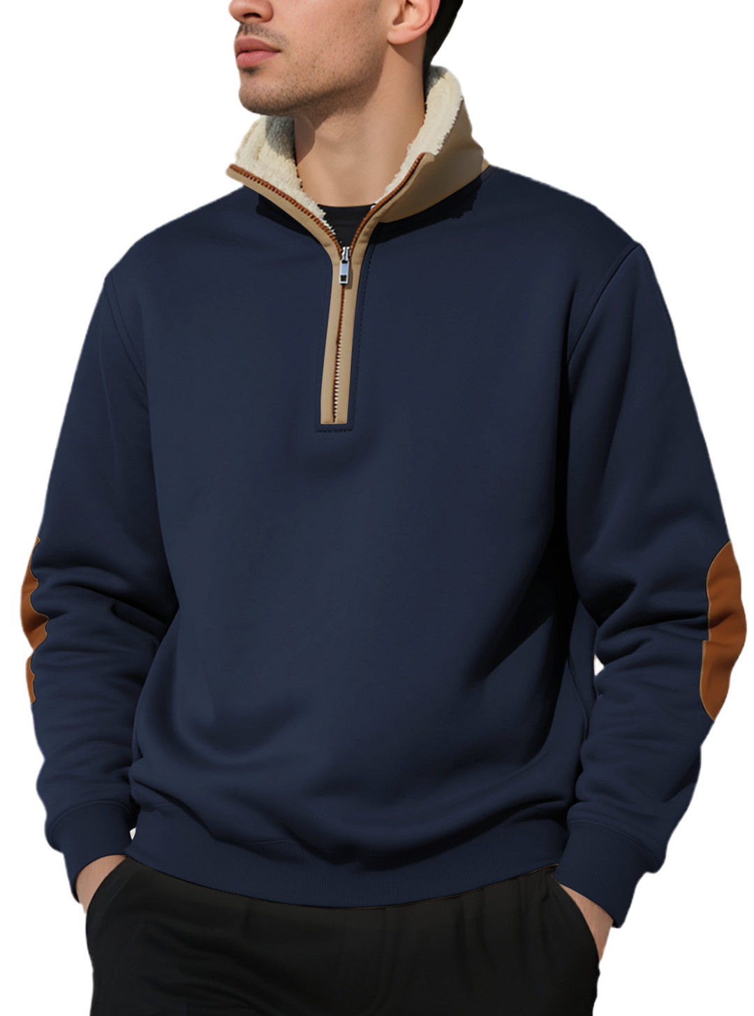 Men's nano lightweight half-zip sweatshirt with sherpa lined stand-up collar and faux leather elbow patch Mune Fashion
