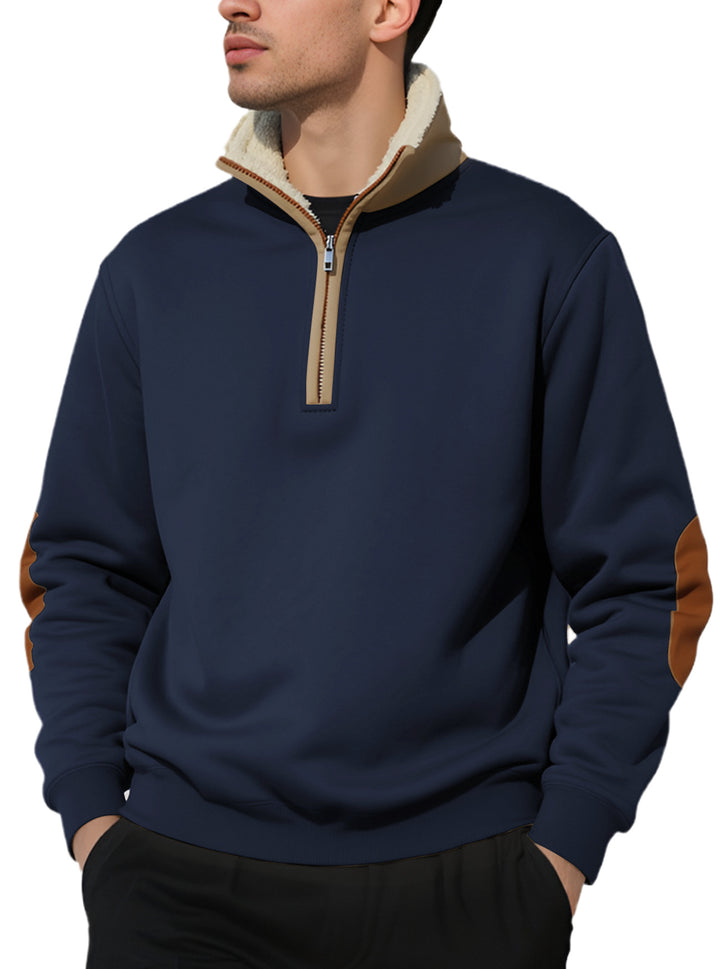 Men's nano lightweight half-zip sweatshirt with sherpa lined stand-up collar and faux leather elbow patch Mune Fashion