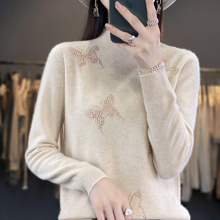 Women Stand Collar Fine Knit Sweater with Rhinestone Butterfly Application Mune Fashion