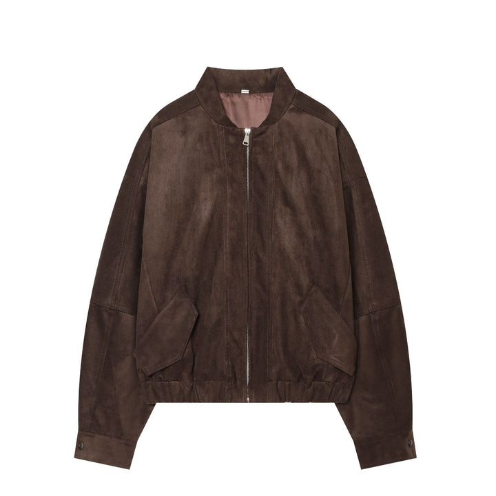 Women's casual suede look bomber jacket with zipper, stand-up collar, and large flap pockets Mune Fashion