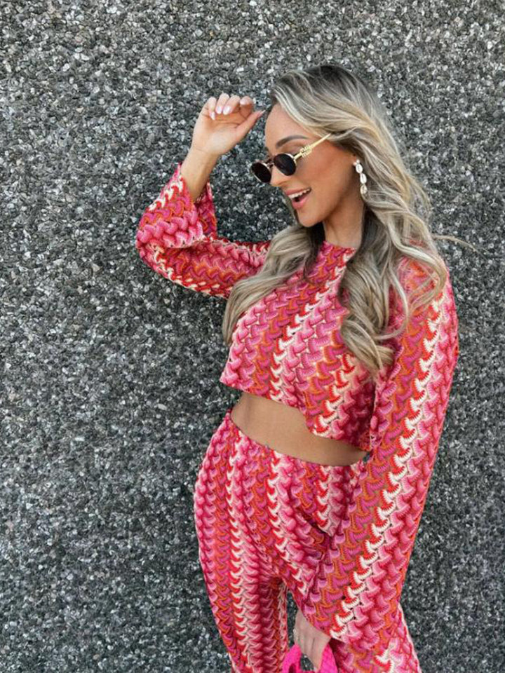 Women's Crocheted Two-Piece Lounge Set with Short Sweater and High-Waisted Palazzo Pants Mune Fashion